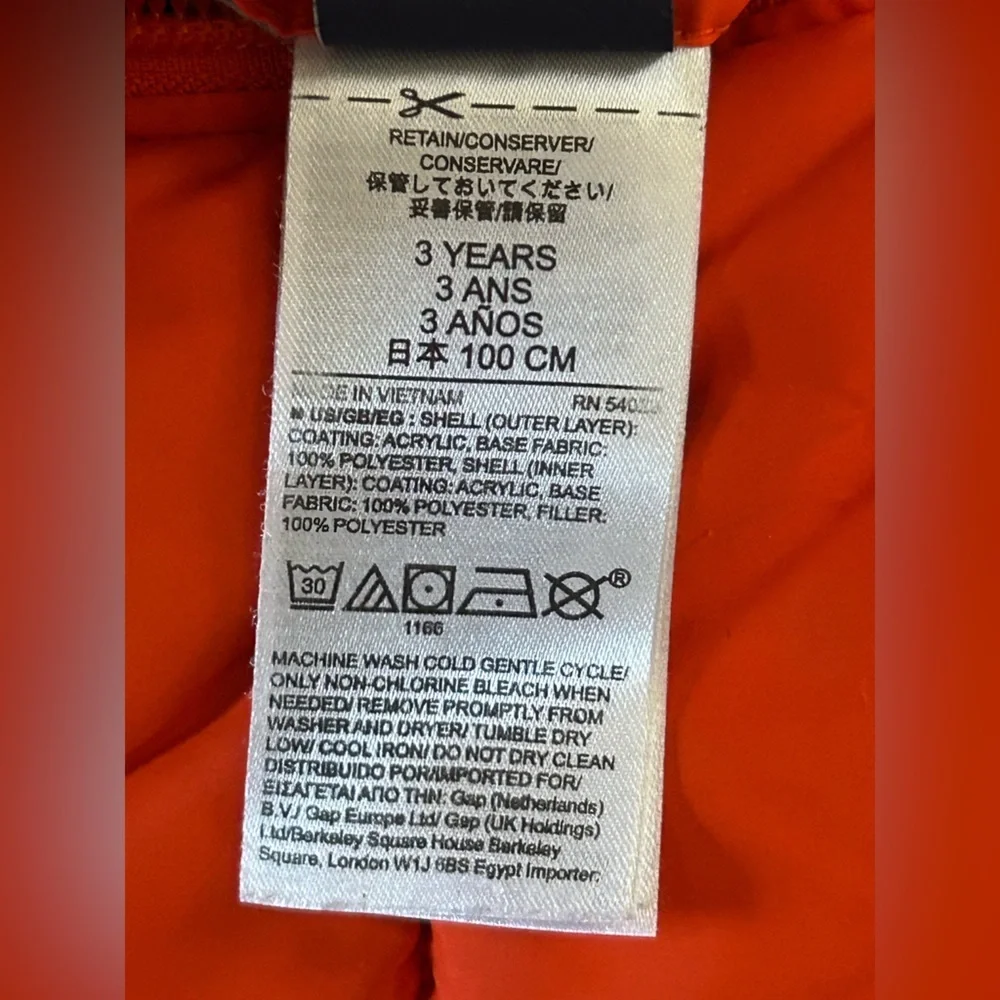 Baby Gap Reversible Orange Gray Puffer Jacket Hooded Winter Coat Toddler 3T